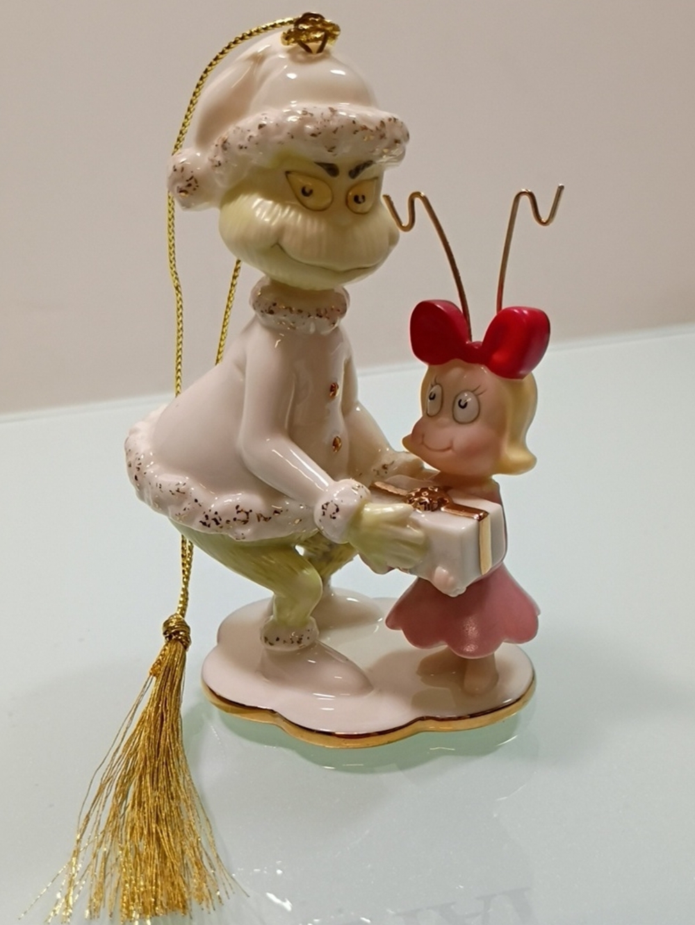 Lenox Grinch and Cindy-Lou Who Porcelain Ornament in White, Red, Pink, Gold